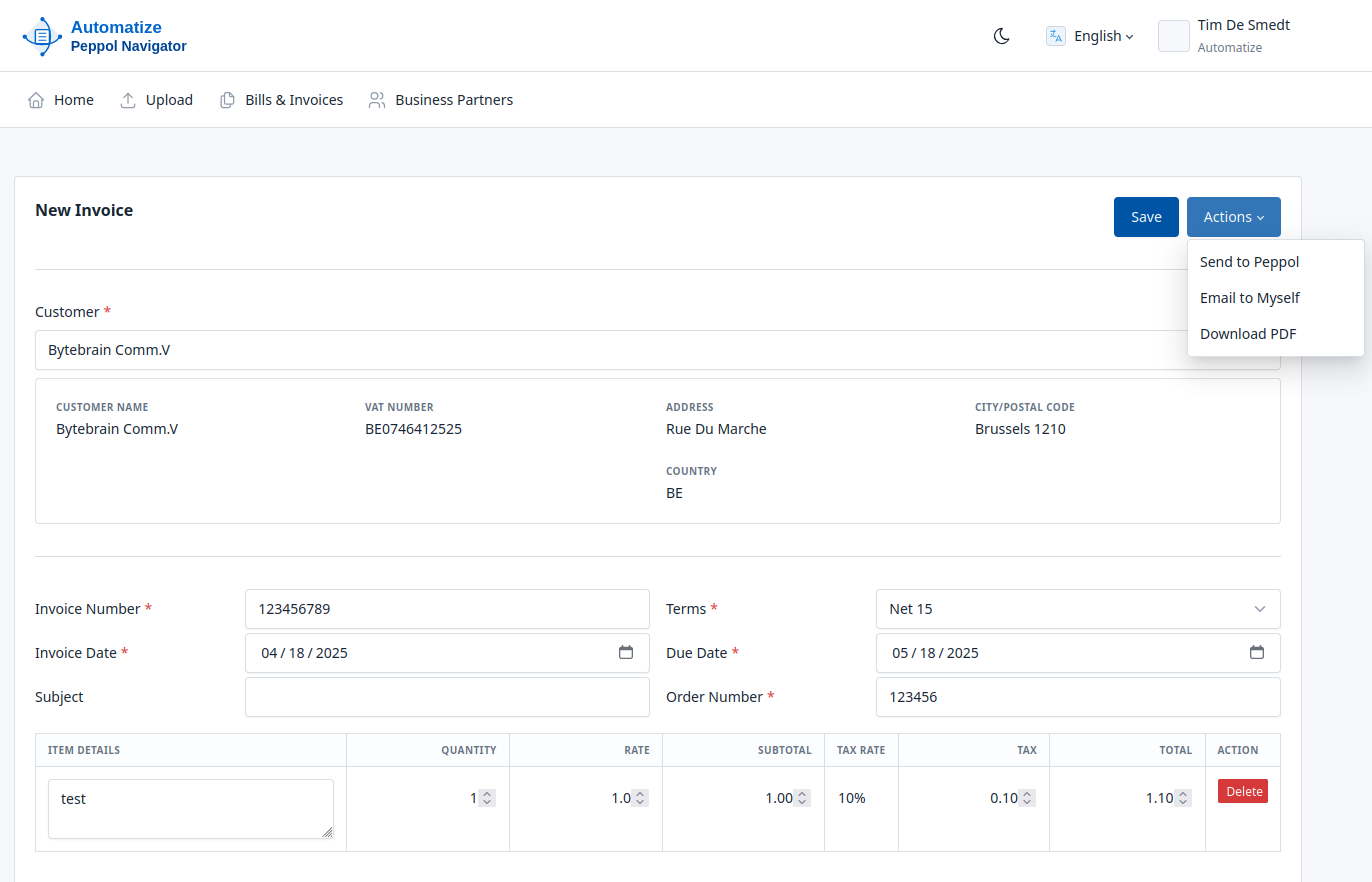 Invoice management system for Peppol e-invoicing